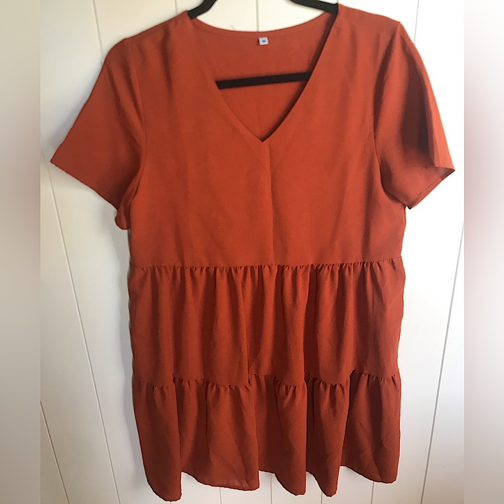 Burnt orange flowy v-neck short sleeve dress perfect for fall mini dress